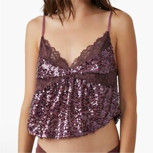 Free People Right Rhythm Sequin Crop Camisole Top Wine Combo Size Small New NWT
